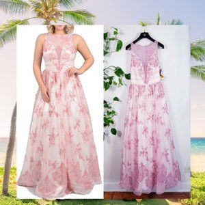 $259 NWT BETSY & ADAM Pink White‎ Metallic Maxi Ball Long Gown 6 SMALL Wedding